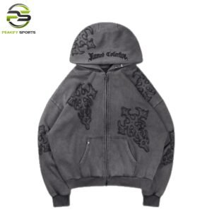 Charcoal Grey Heavyweight Zip-Up Hoodie with Gothic Appliqué