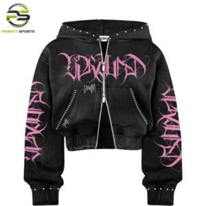 Black Gothic Rhinestone Cropped Zip-Up Hoodie with Pink Graphics